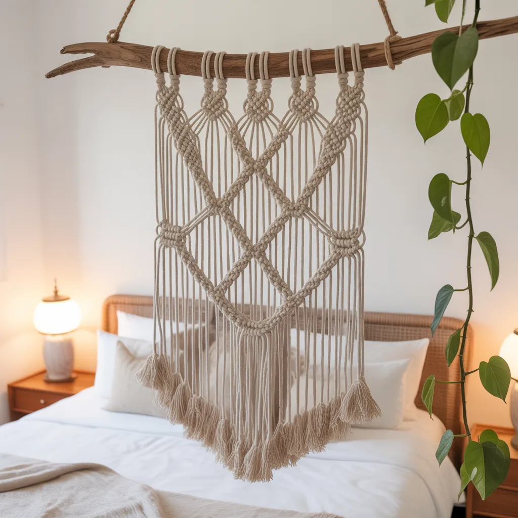 organic cotton macrame wall hanging on driftwood branch dreamy home aesthetic DIY project