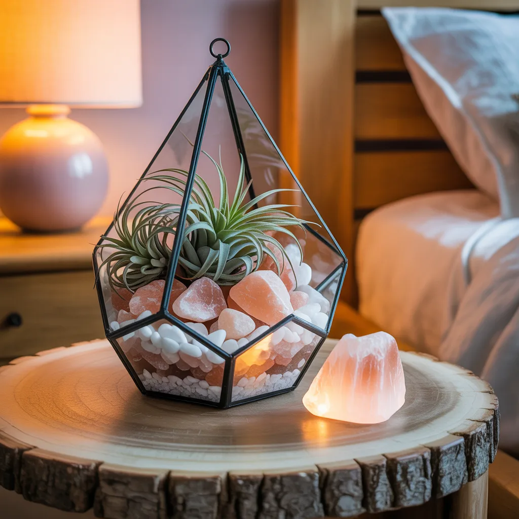 Himalayan salt stone terrarium with pink salt chunks and air plants wellness home decor DIY