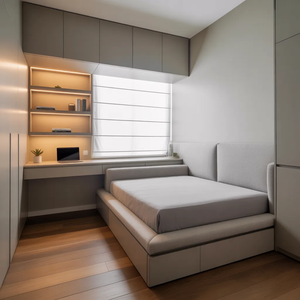 A compact modern bedroom designed for small spaces with built-in grey overhead cabinets, a built-in study desk with warm LED shelving, and a platform bed with storage.