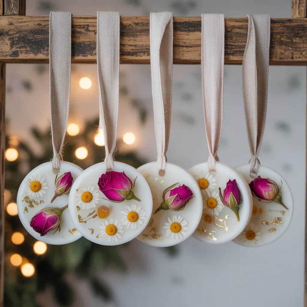 scented soy wax tablet ornaments with dried rose petals and gold flakes non toxic home aesthetic DIY
