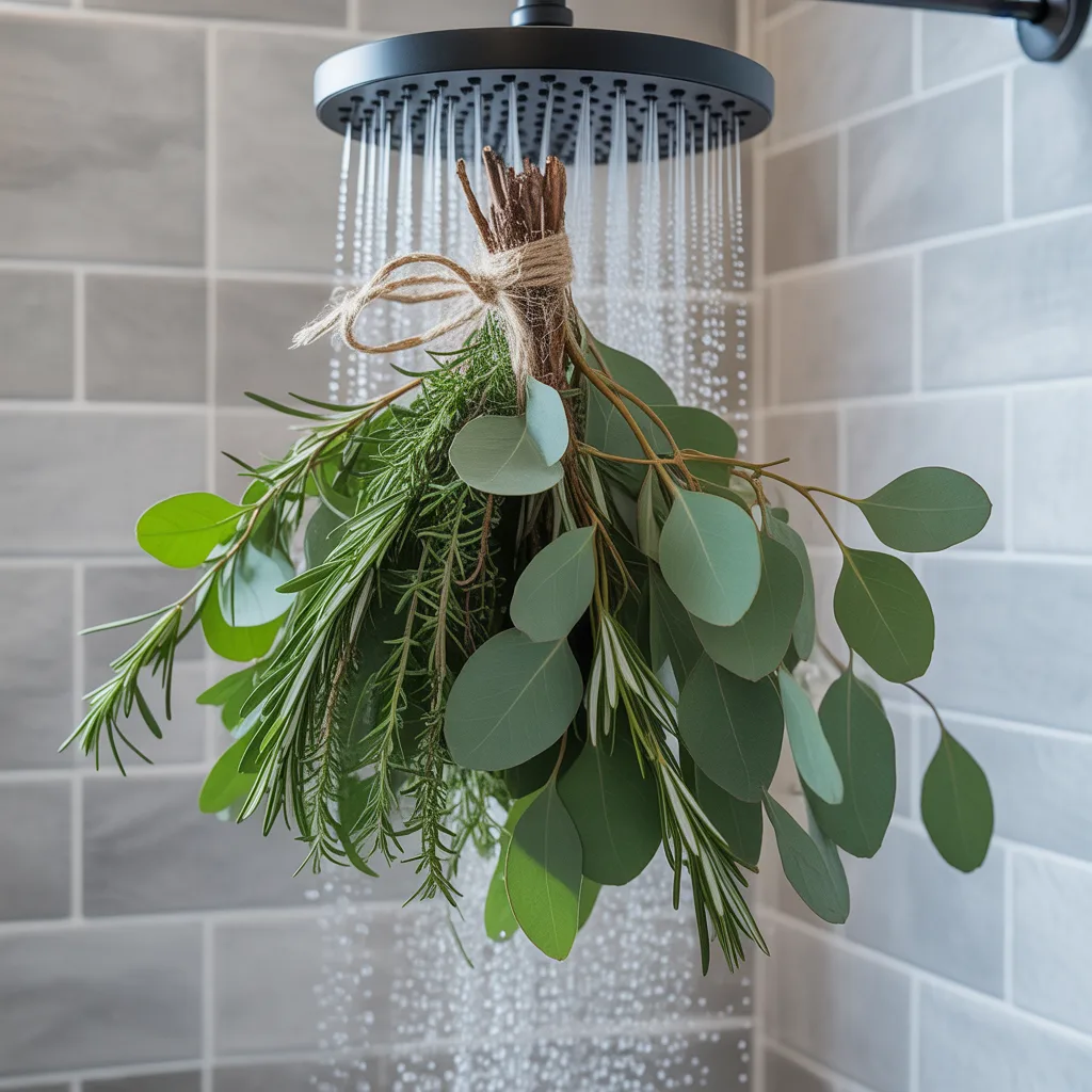 DIY eucalyptus shower bundle tied with jute twine hanging from shower head spa home aesthetic