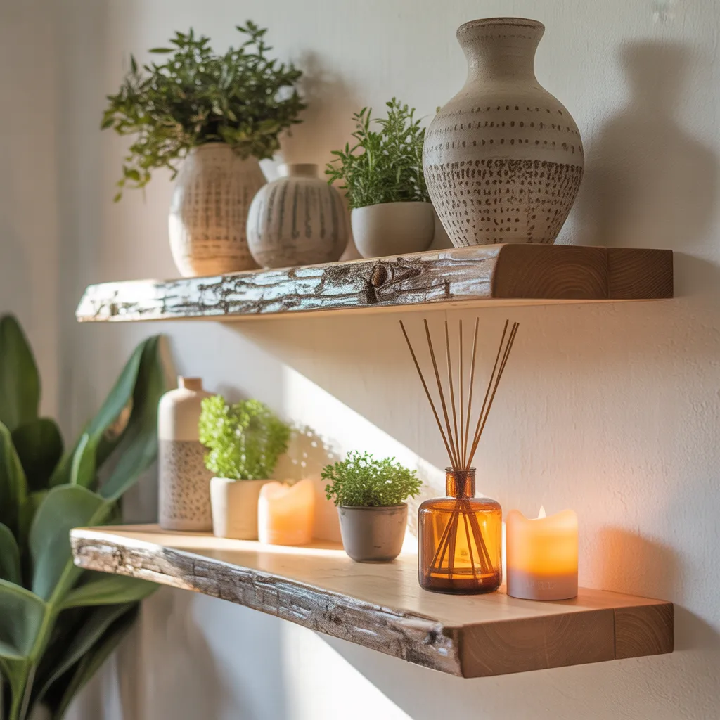 reclaimed wood floating shelves with plants and candles wellness home aesthetic DIY