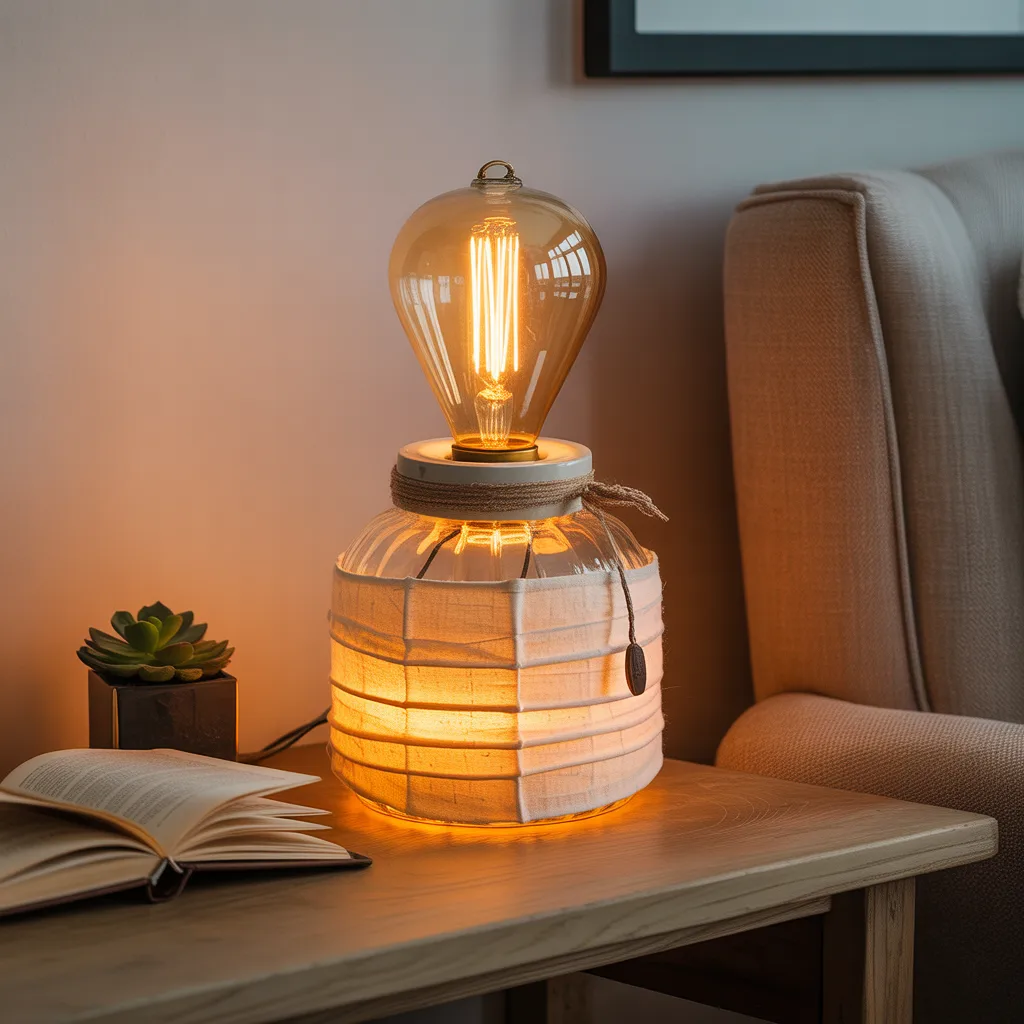DIY linen wrapped glass jar lamp with warm amber glow dreamy home aesthetic project