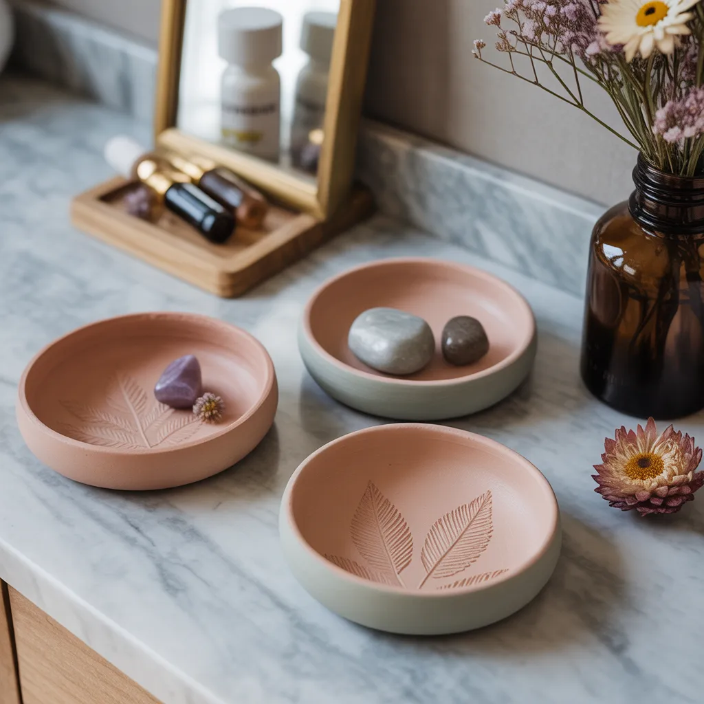 Handmade terracotta air dry clay bowls with botanical leaf imprints home aesthetic DIY