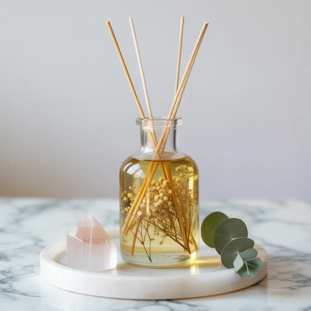 DIY dried flower reed diffuser in glass apothecary bottle with lavender natural home fragrance