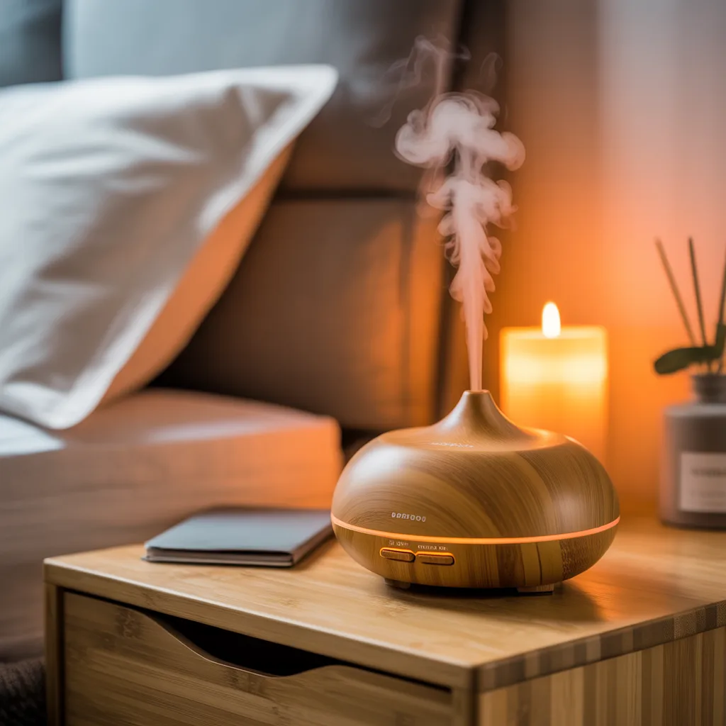 artisan bamboo wood essential oil diffuser on bedside table
