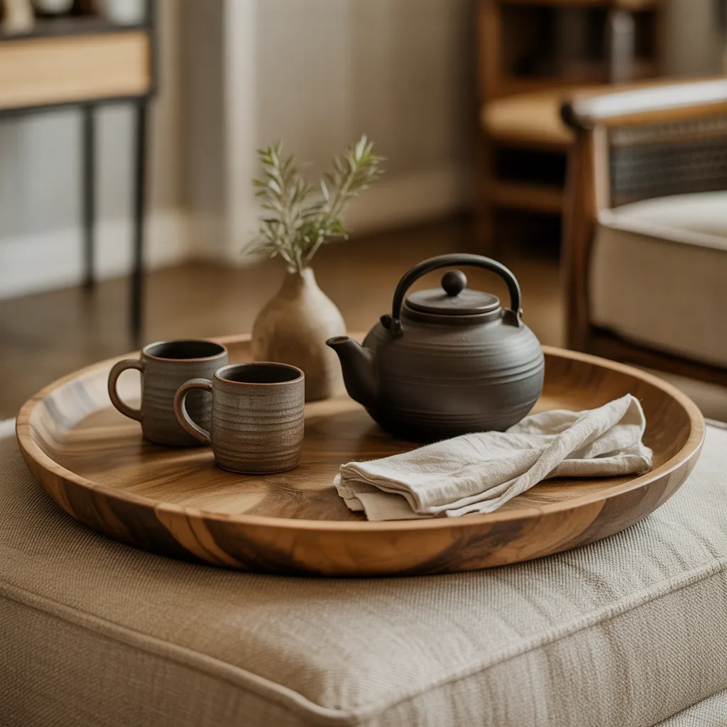 hand-carved mango wood serving tray on linen ottoman
