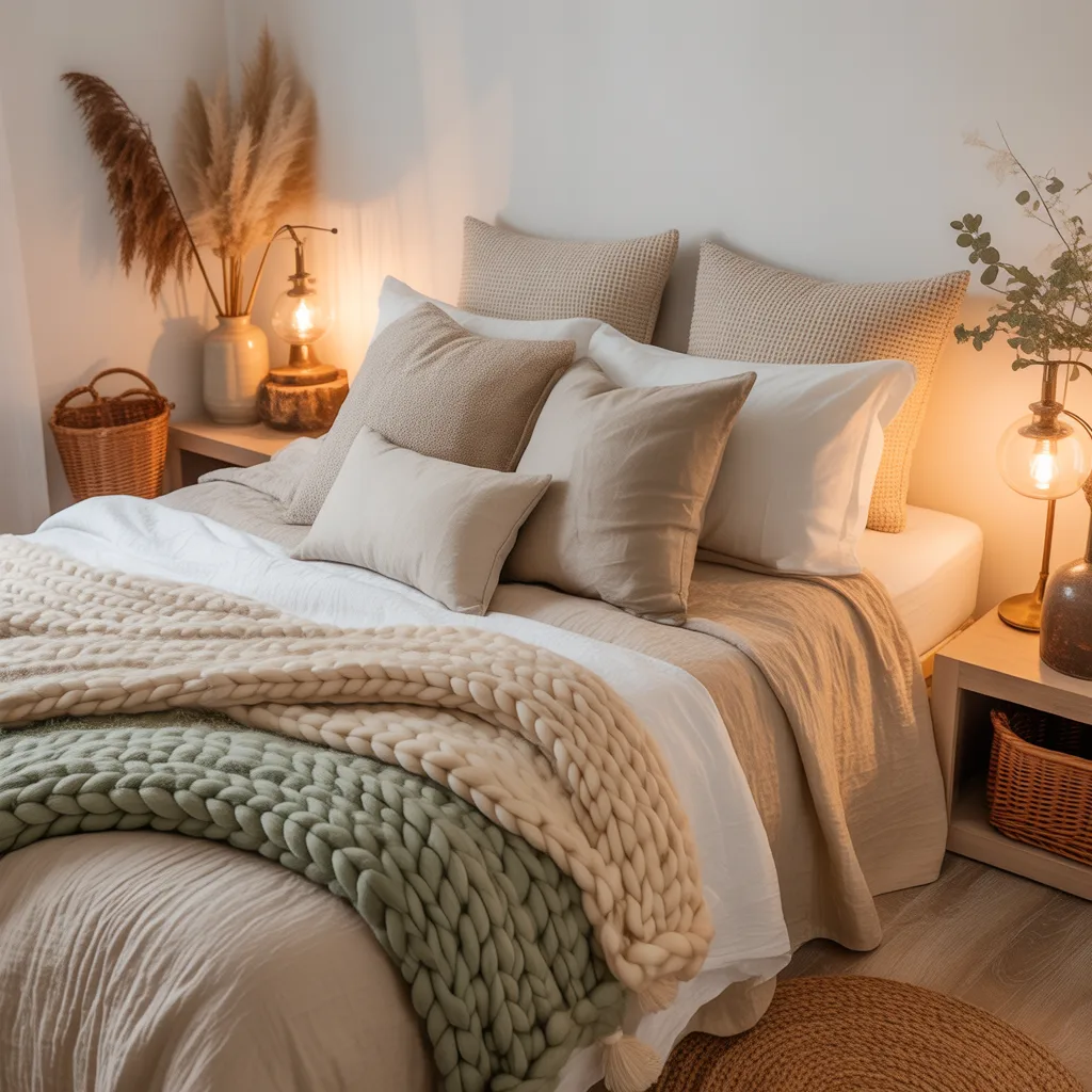 A warm bohemian-style bedroom with layered neutral and beige bedding, chunky knit blankets in cream and sage, pampas grass decor, wicker baskets, and soft Edison bulb lighting.