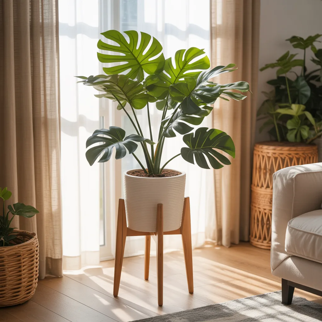 mid-century wooden plant stand with monstera plant
