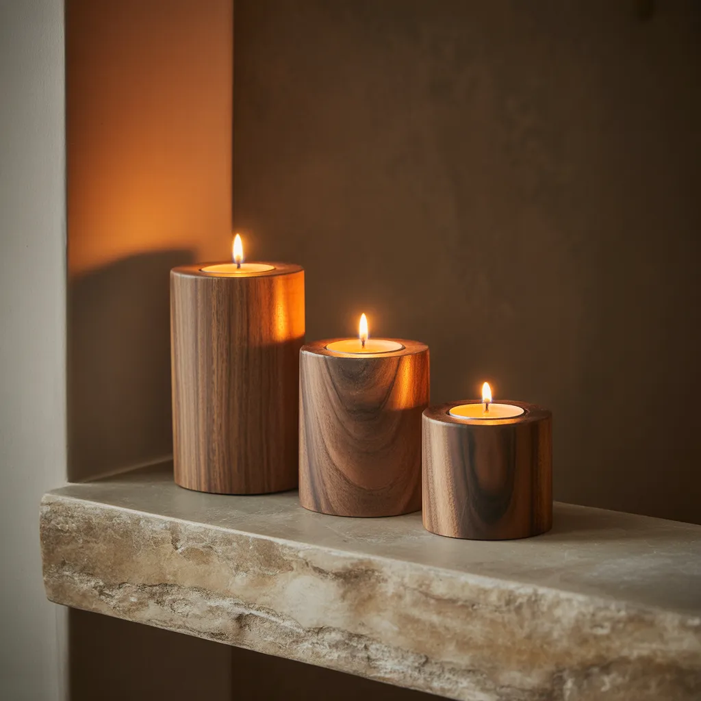 handcrafted wooden candle holders with beeswax candles
