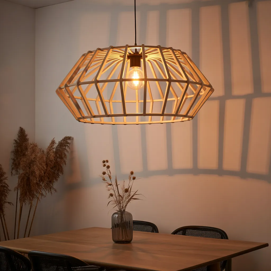 geometric bamboo pendant lamp above dining table
