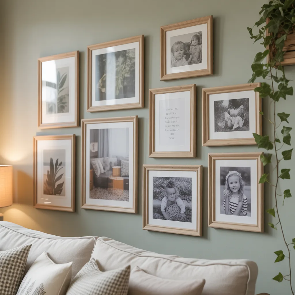 natural wood picture frames gallery wall with botanical prints
