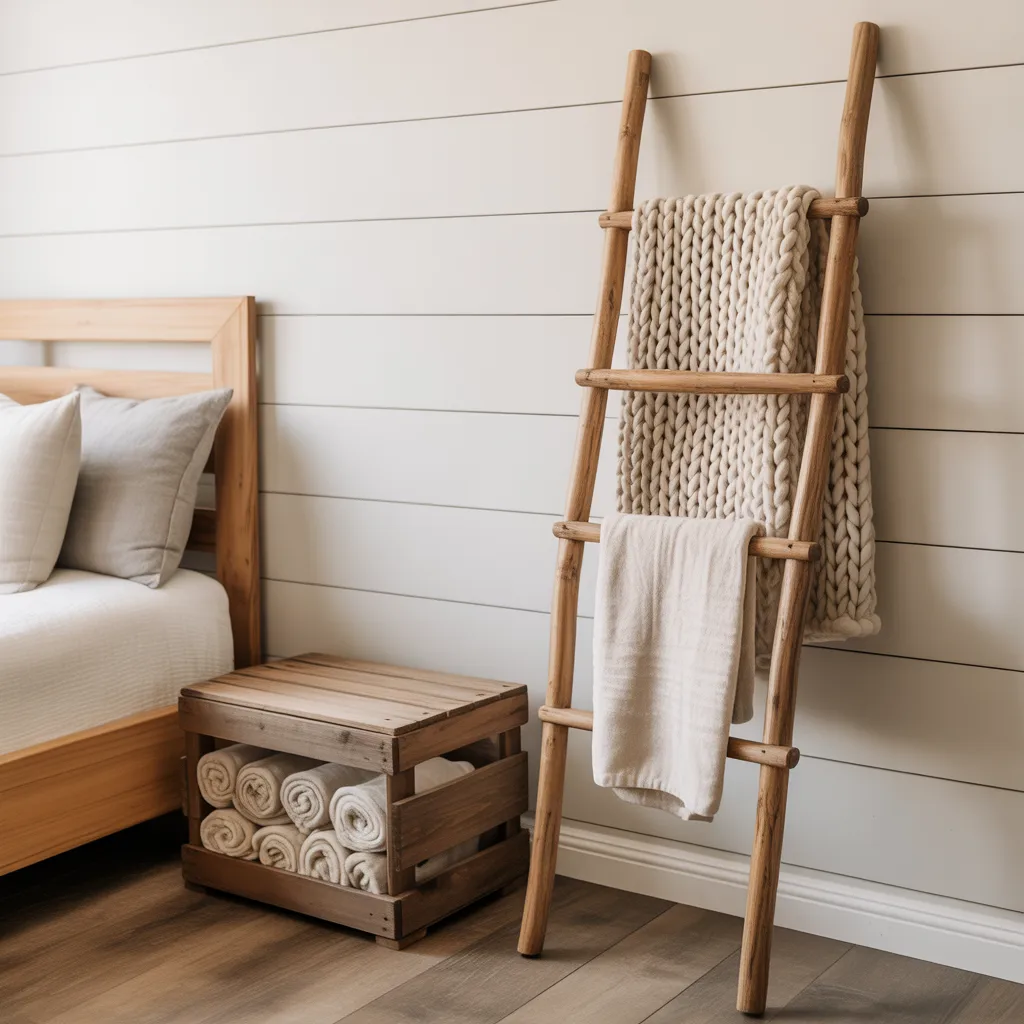rustic wooden ladder with blankets and linen towels
