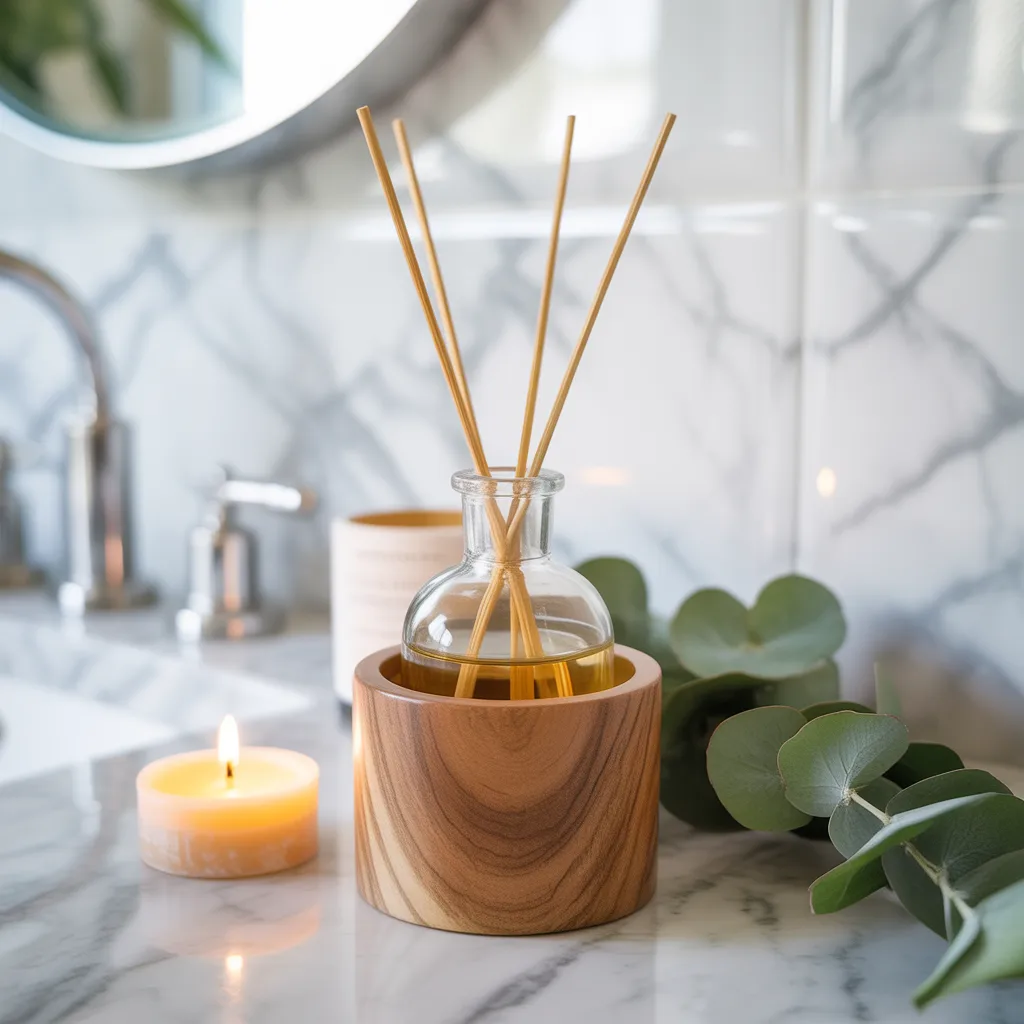 natural reed diffuser in handcrafted acacia wooden vase
