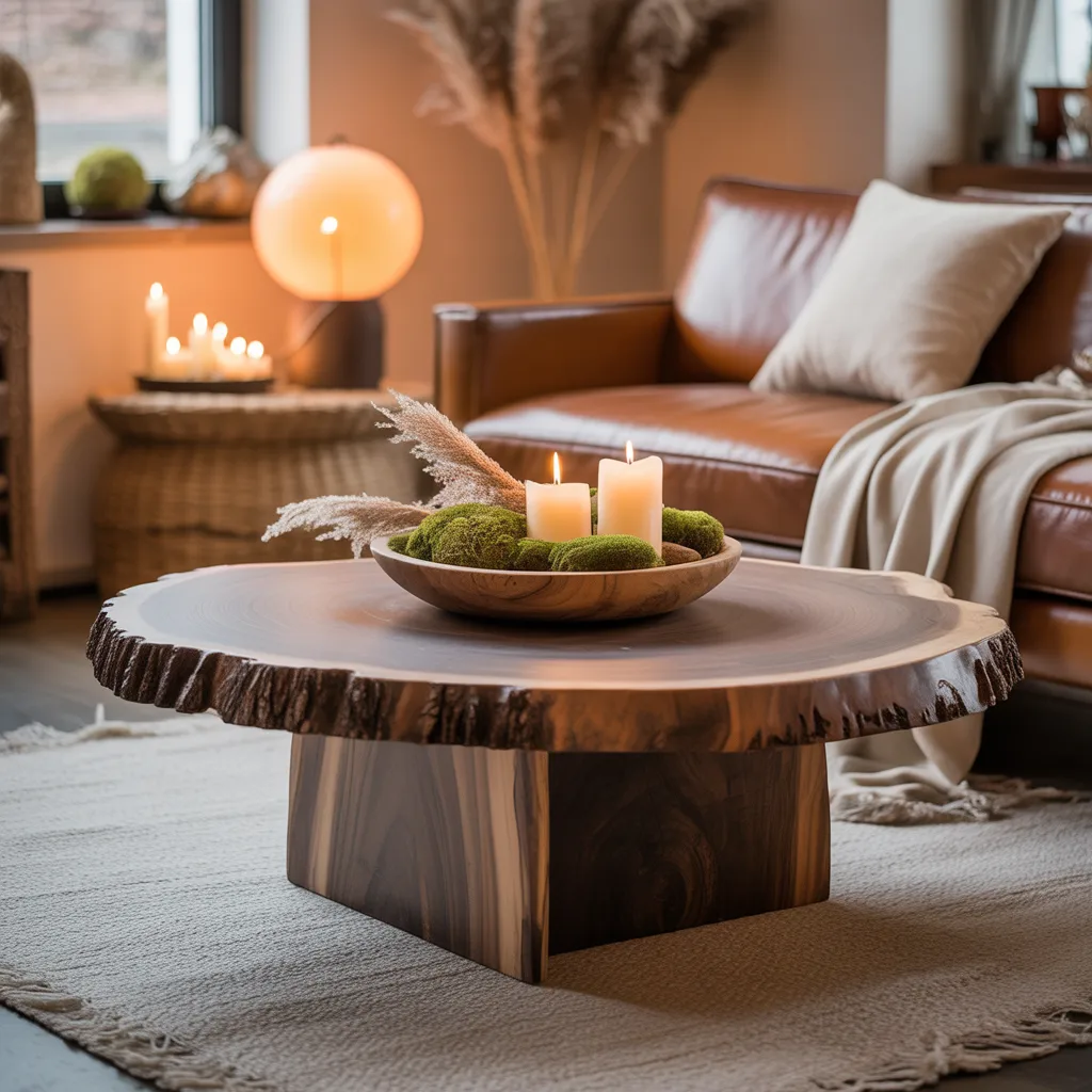 live-edge walnut coffee table in cozy Japandi living room