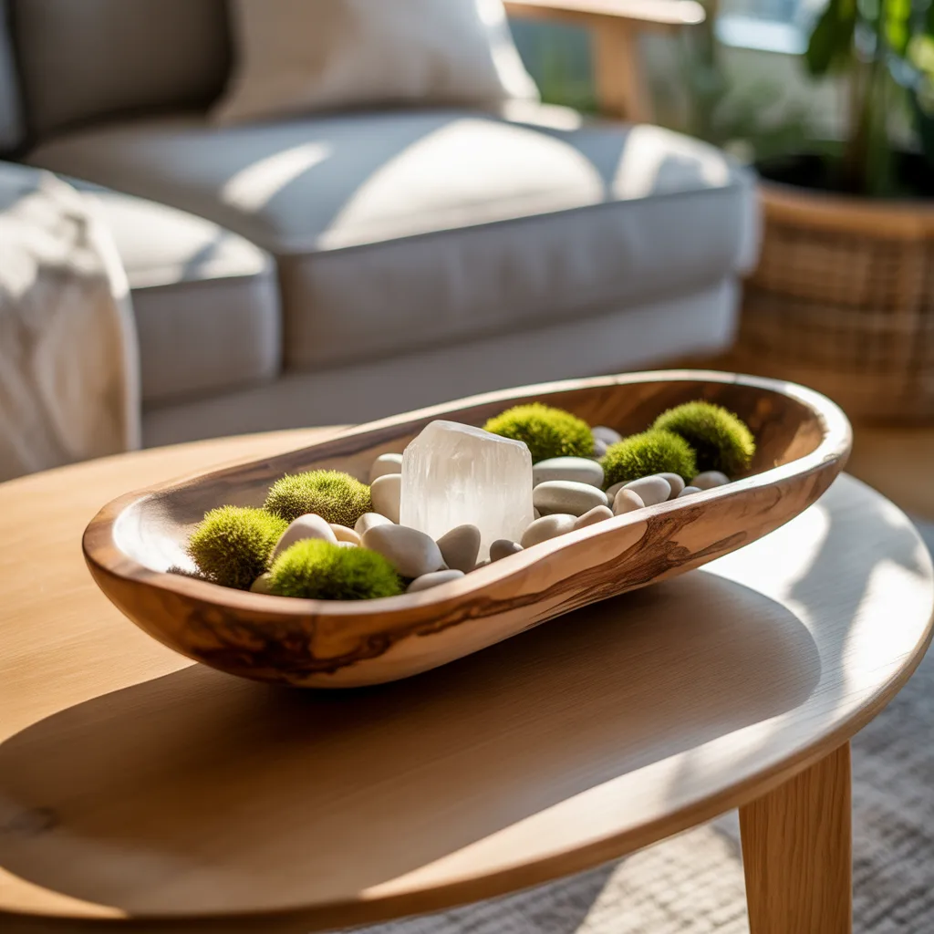 live-edge acacia wood dough bowl on oak coffee table