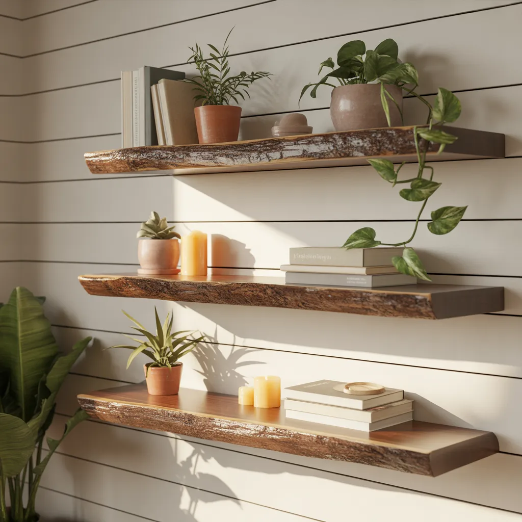 chunky live-edge wooden floating shelves with plants and candles