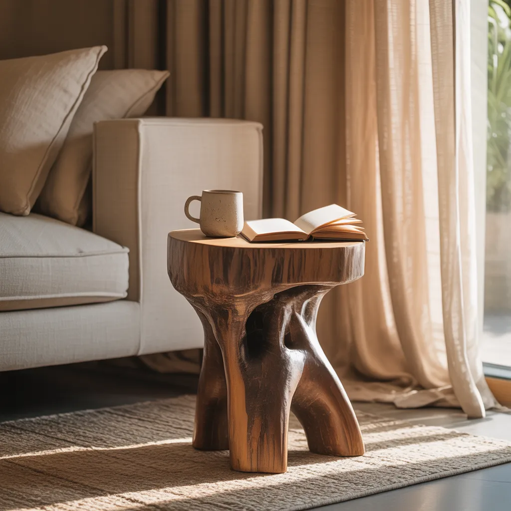 teak root stool as minimalist side table beside linen sofa