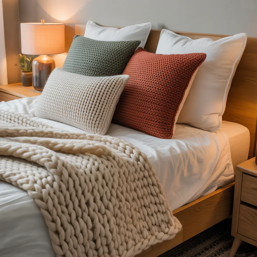 Close-up of a cozy bed with layered knit pillows and a cream-colored throw.