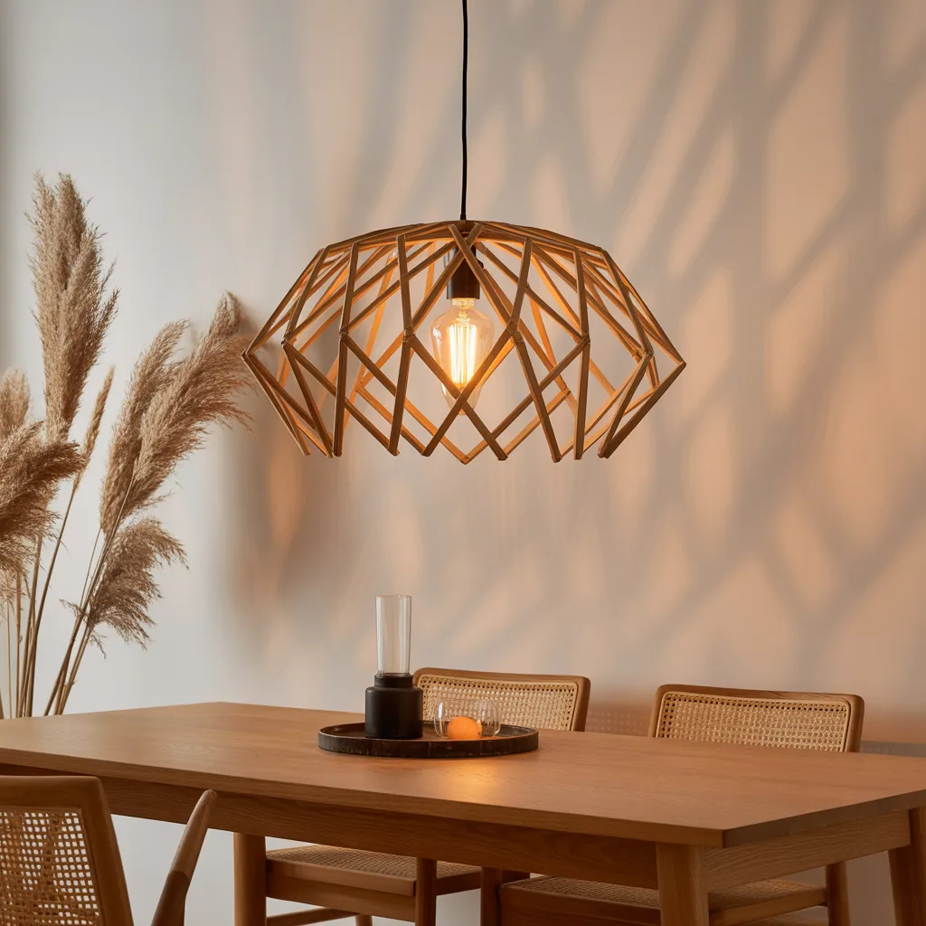 geometric bamboo pendant lamp above solid oak dining table