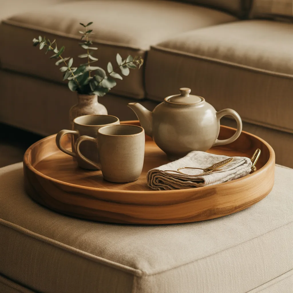 hand-carved mango wood tray on neutral linen ottoman