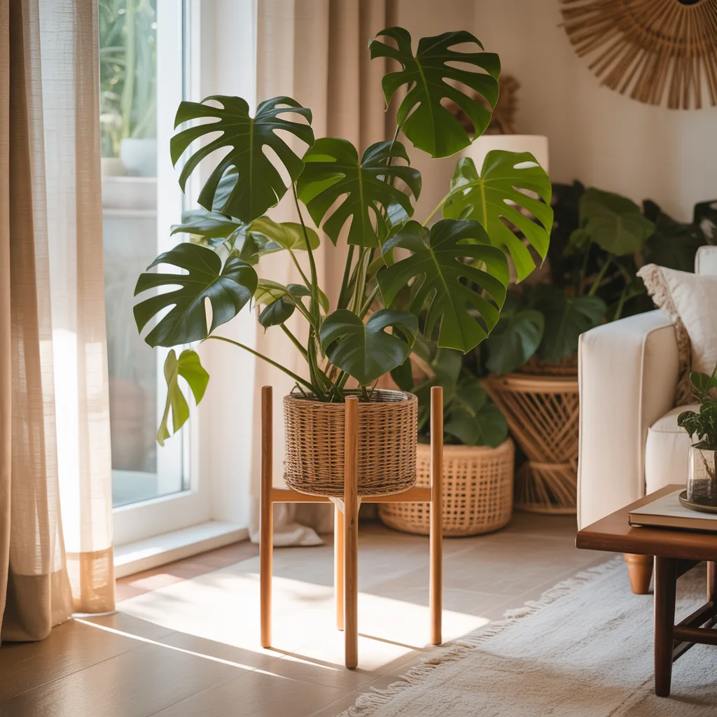 mid-century wooden plant stand with monstera in boho living room