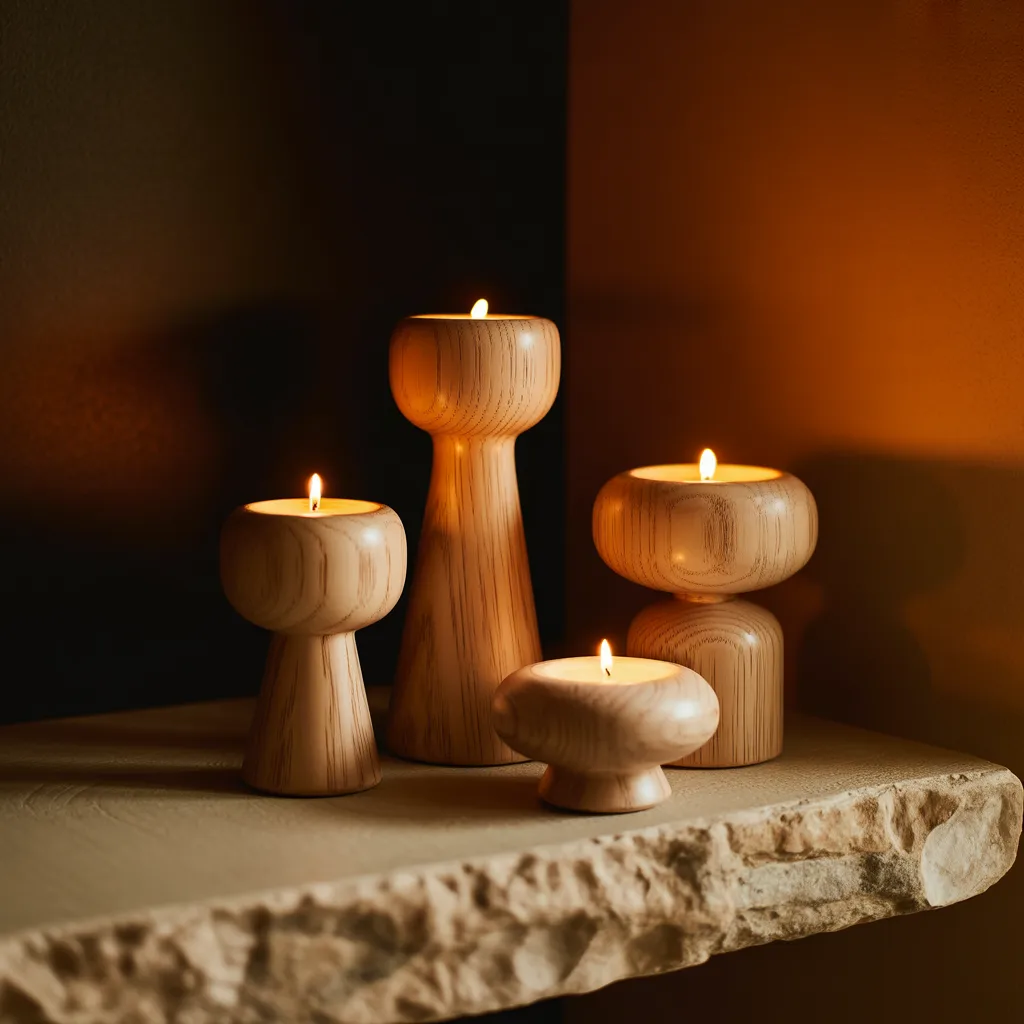 handcrafted wooden candle holders with beeswax candles on stone shelf