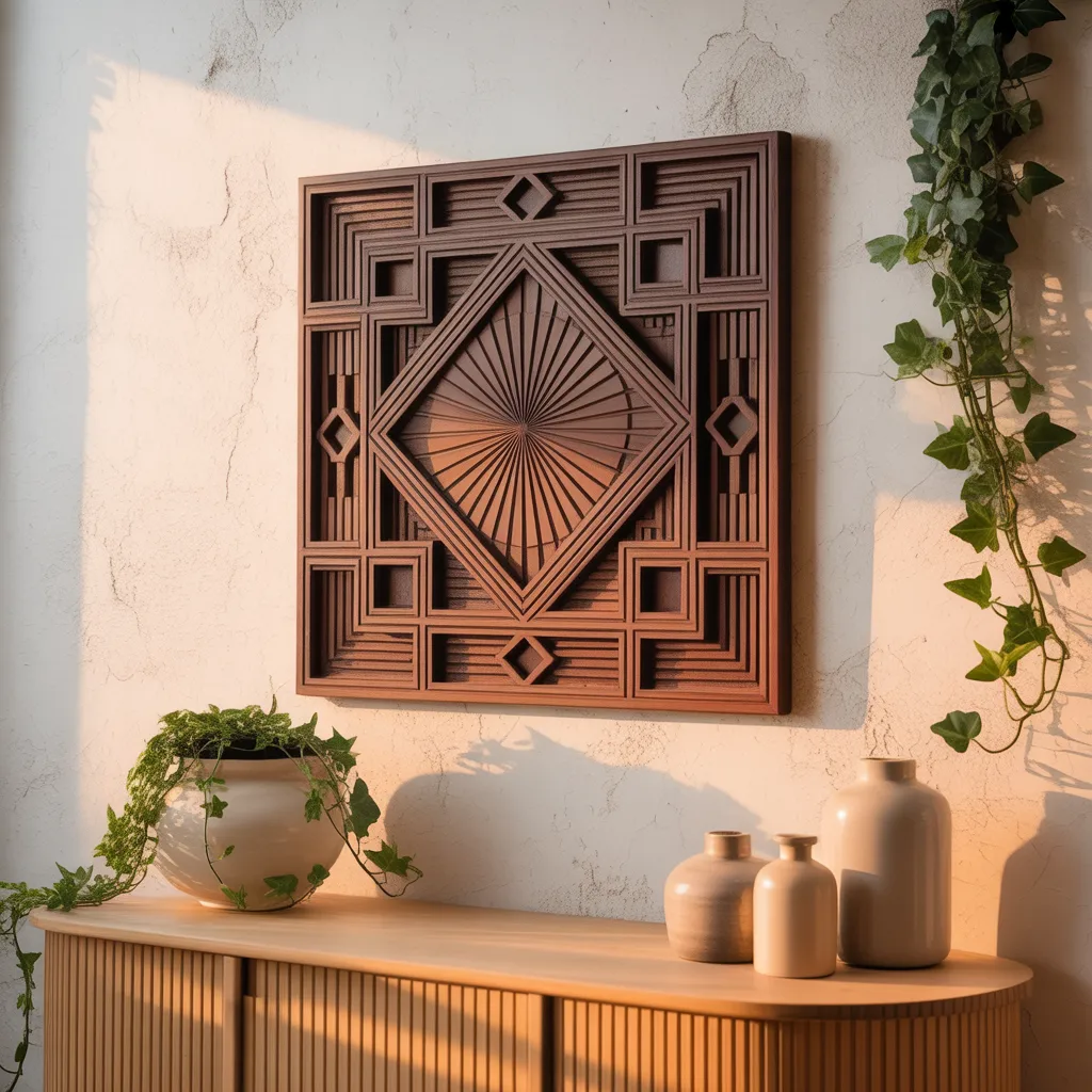 geometric carved wooden wall art panel above minimalist console table