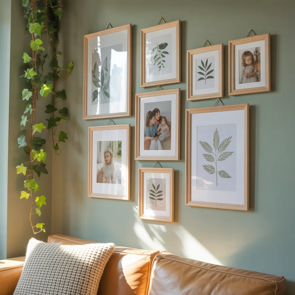 natural wood picture frames gallery wall with botanical prints