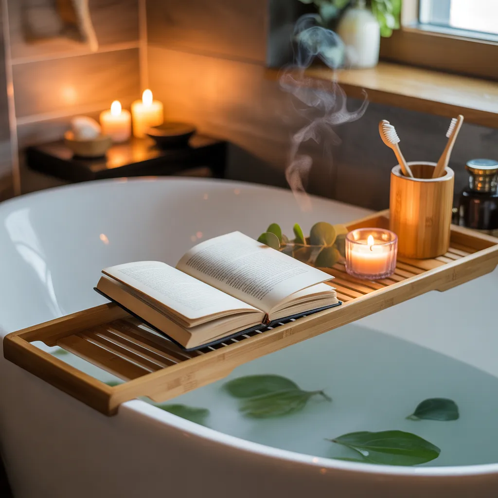 teak bath caddy across freestanding bathtub with eucalyptus and candle