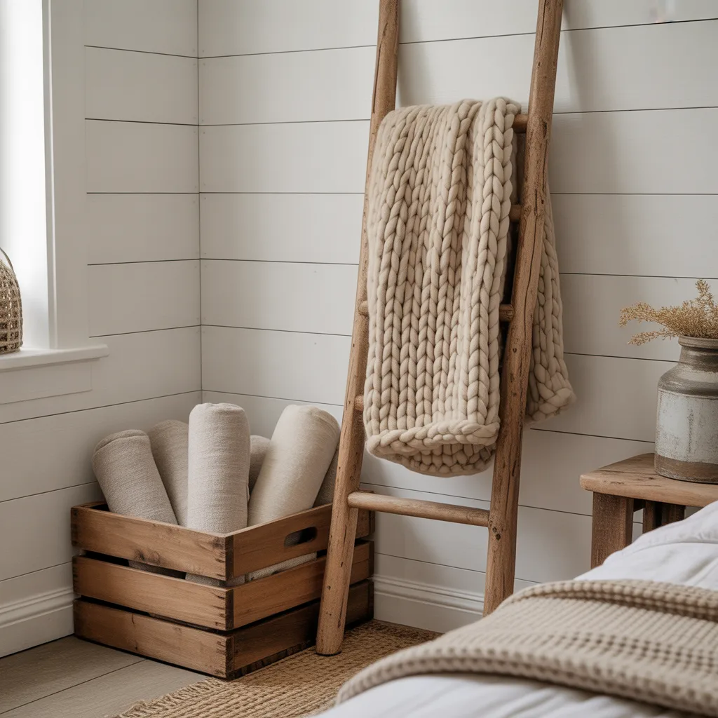 rustic wooden ladder draped with chunky knit blanket and linen towels