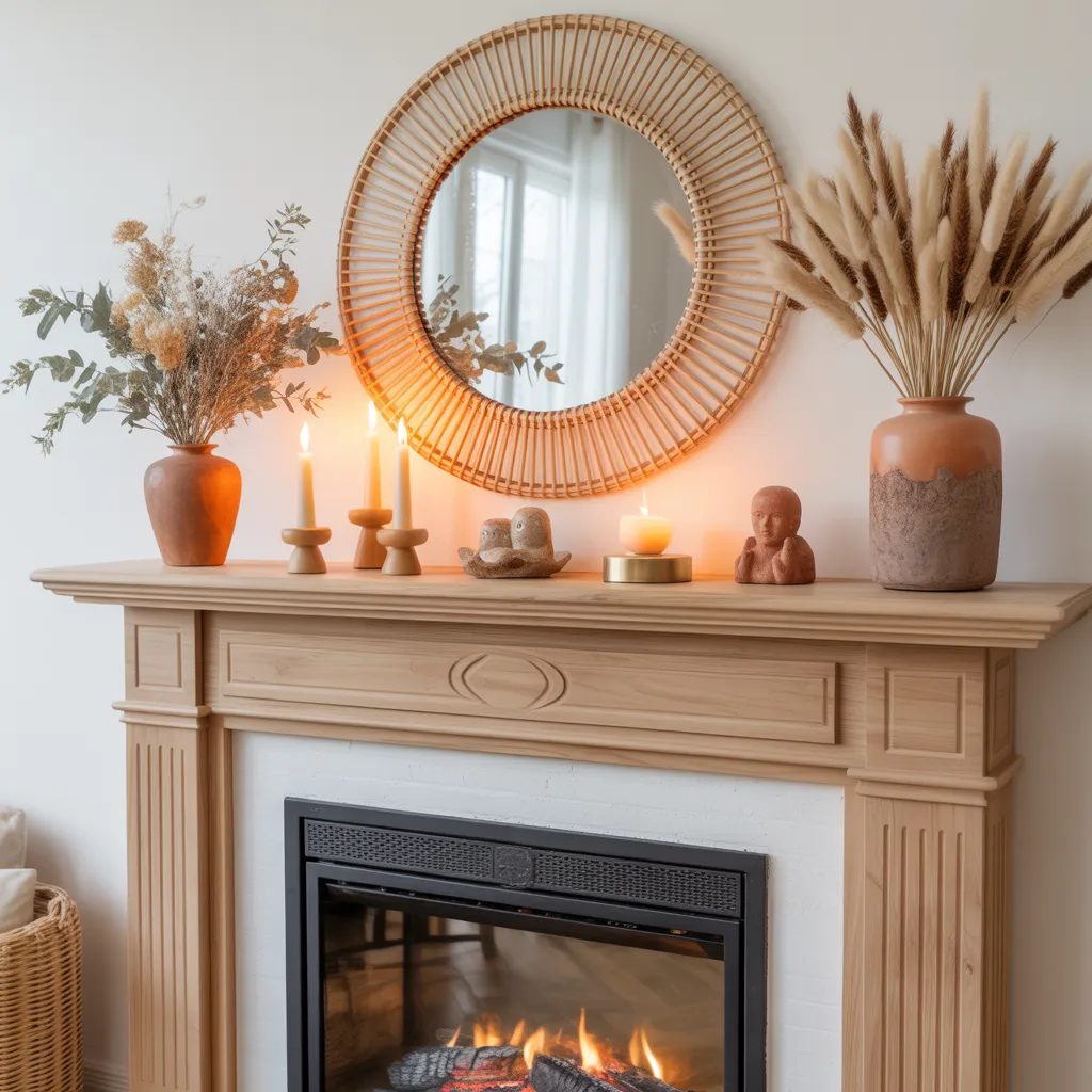natural wood fireplace mantel styled with dried botanicals and beeswax candles
