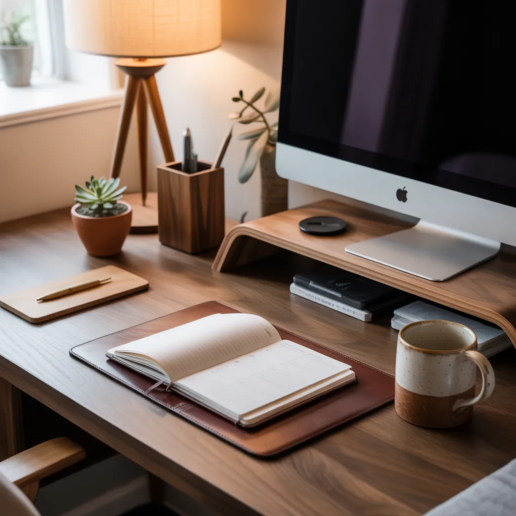 solid walnut home office desk with succulent and ceramic mug
