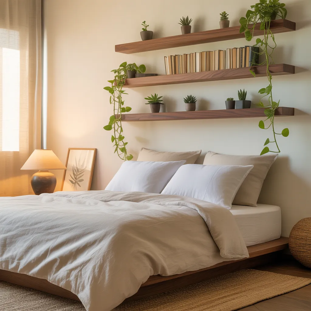 A minimalist bedroom with a low wooden platform bed, white linen bedding, and three floating wooden shelves above displaying potted green plants and books.