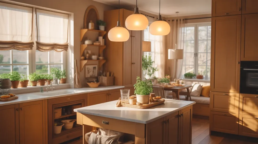 Warm aesthetic kitchen featuring a marble island, wooden cabinets, and cozy pendant lighting.