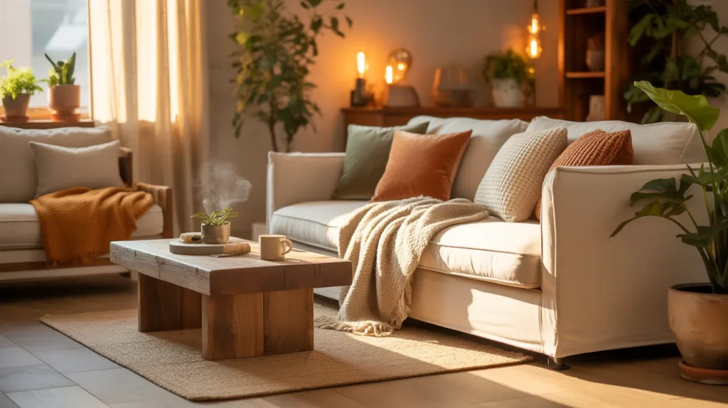 Cozy living room design with beige sofa, wooden coffee table, warm lighting and indoor plants