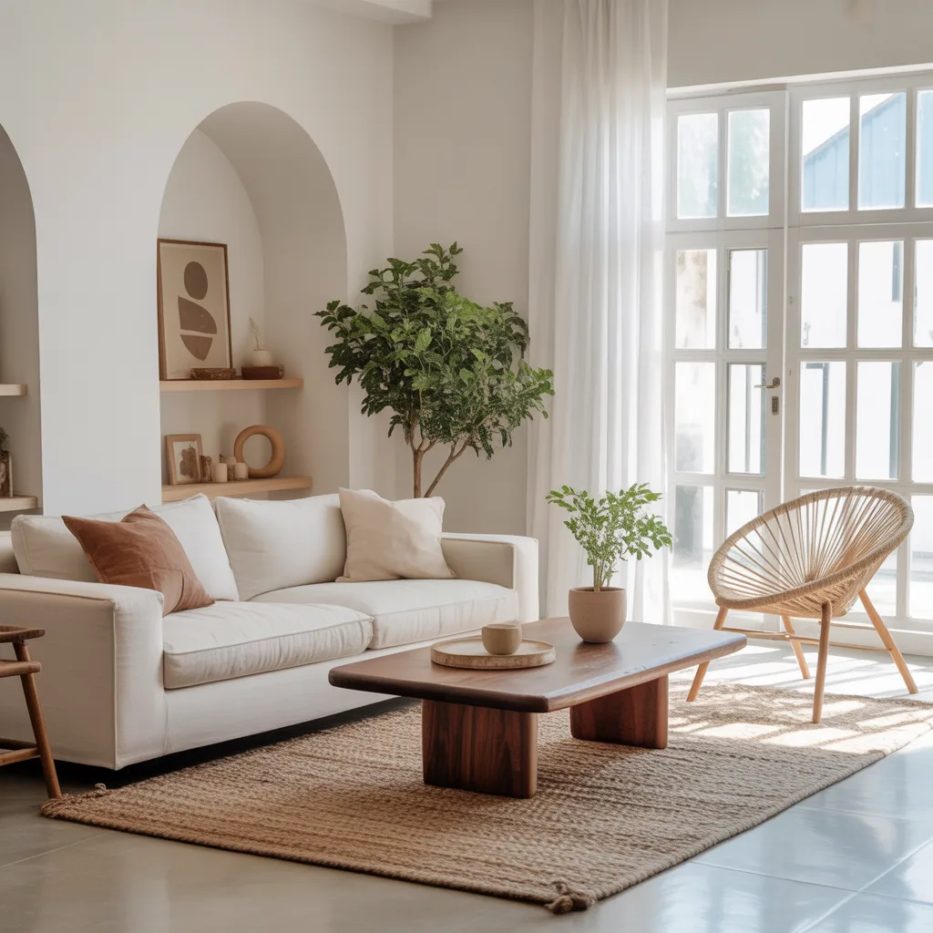 Modern cozy Japandi living room with a white sofa, wooden decor, and indoor plants in a bright, minimalist setting.