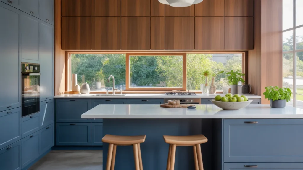 Contemporary kitchen island with blue cabinetry and wooden upper accents featuring a large window view.