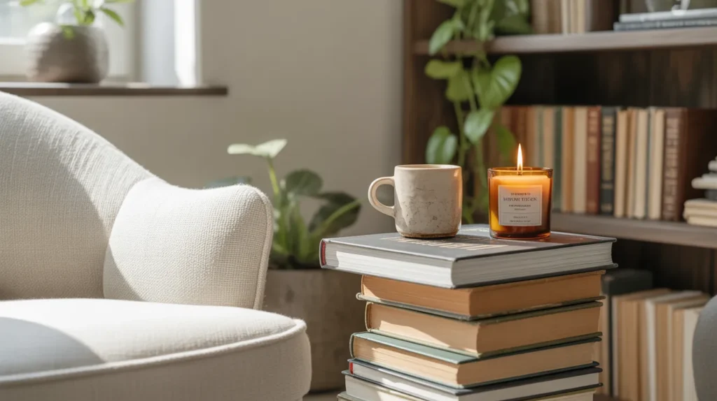 A sophisticated home featuring stacked vintage books, neutral tones, and minimalist decor — 11 old book DIY decor ideas that look expensive.