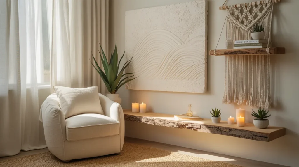 Aesthetic wellness-inspired bedroom with DIY plaster wall art, macrame shelf, and floating wooden shelves — 13 viral DIY room decor ideas trending in 2026