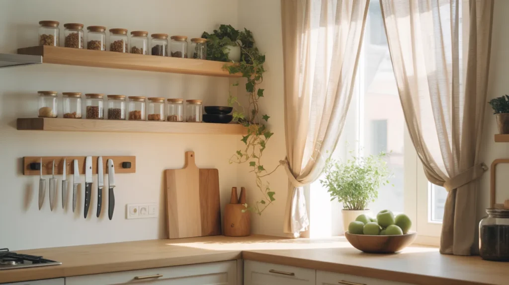 Aesthetic small kitchen decor with minimalist styling and natural tones