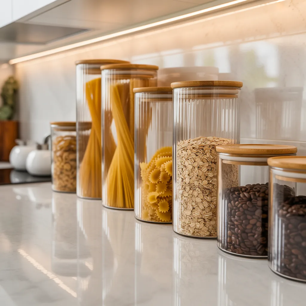 glass jar pantry system small kitchen aesthetic decor