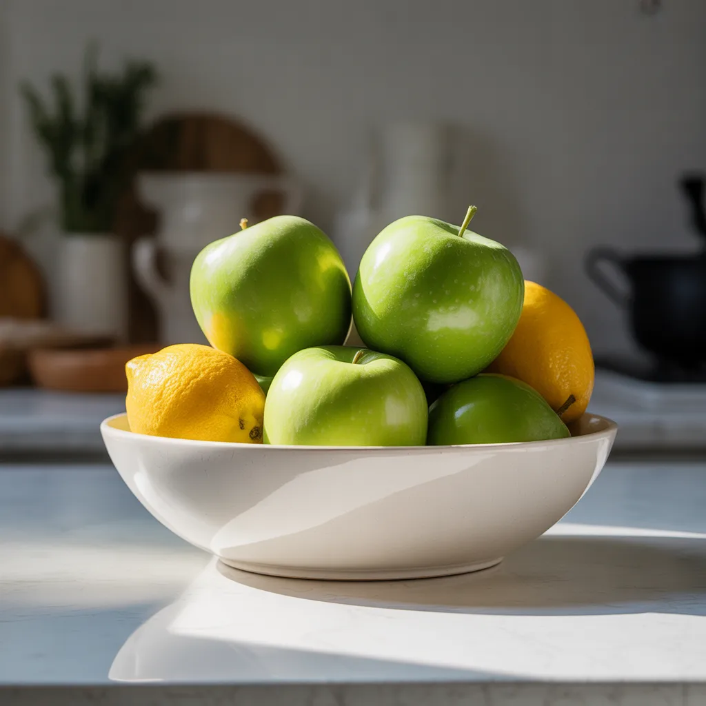 fresh fruit display ceramic bowl minimalist kitchen counter