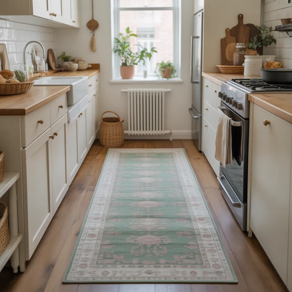 washable runner rug small kitchen aesthetic warm tones