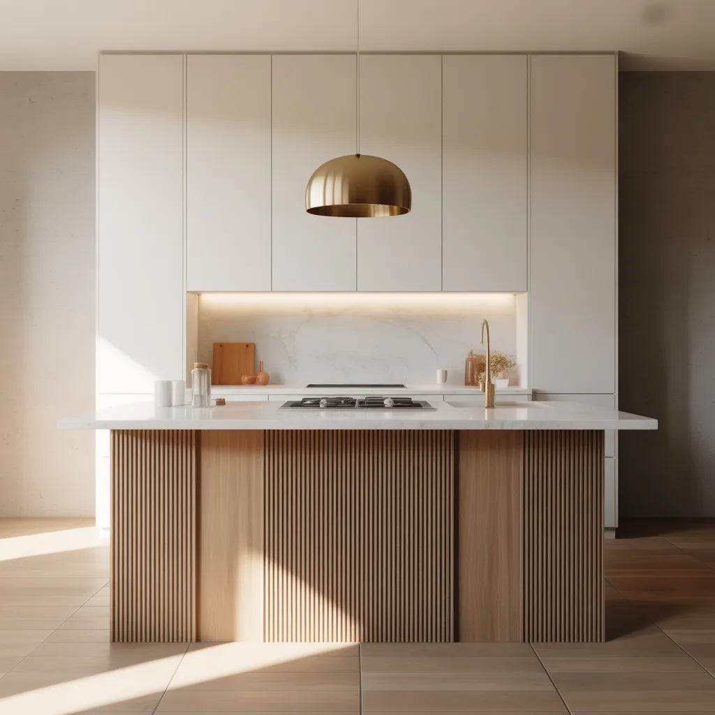 fluted panel oak kitchen island minimalist texture 2026