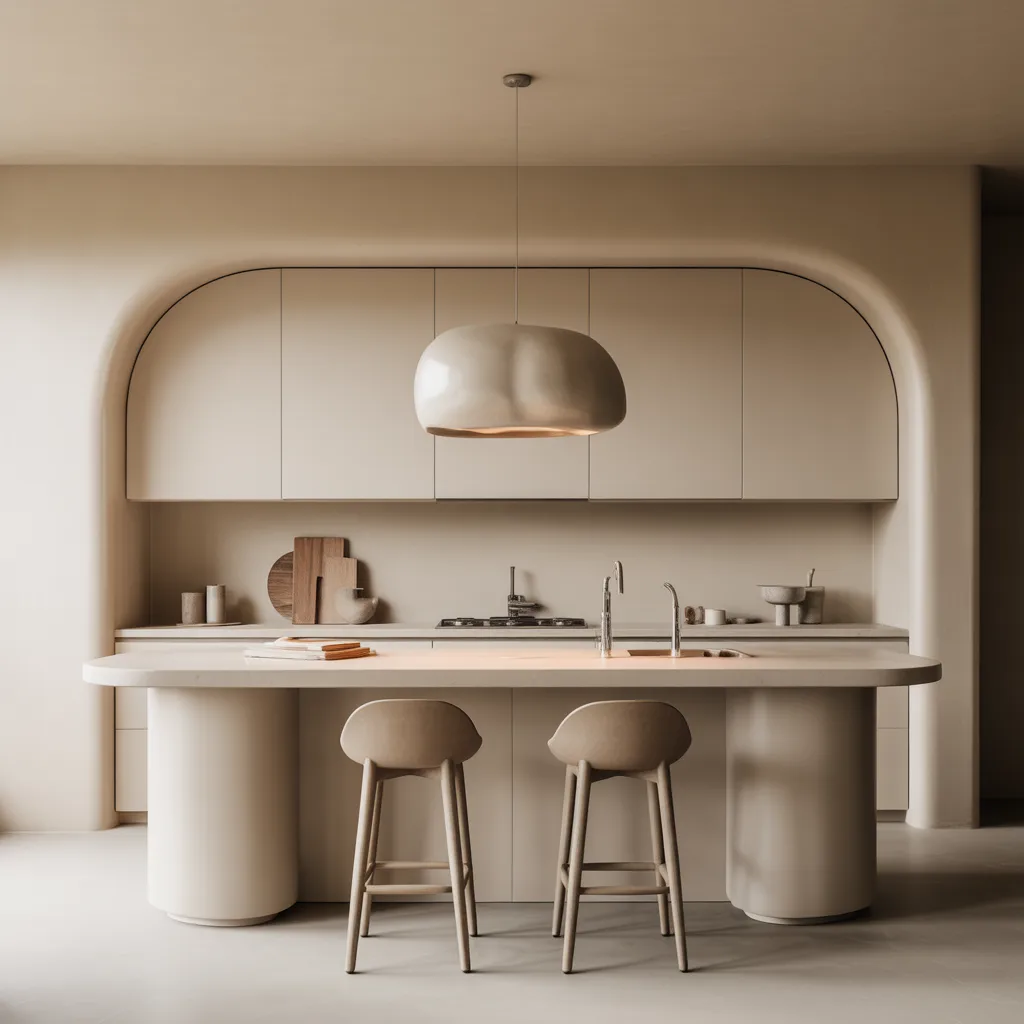 curved island minimalist kitchen matte quartz pendant light