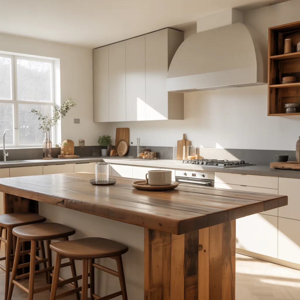reclaimed wood kitchen island minimalist white cabinetry 2026