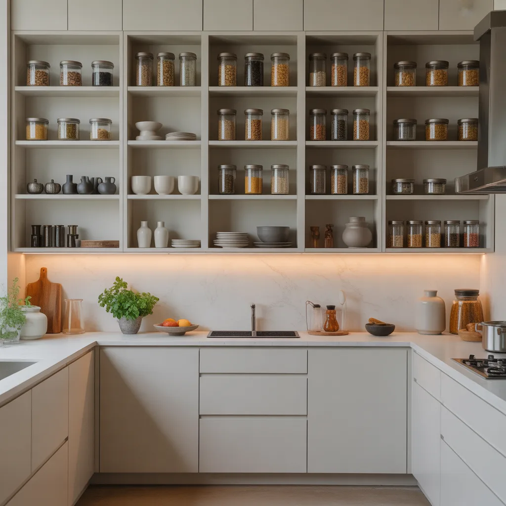 minimalist open pantry wall glass jars organized kitchen 2026