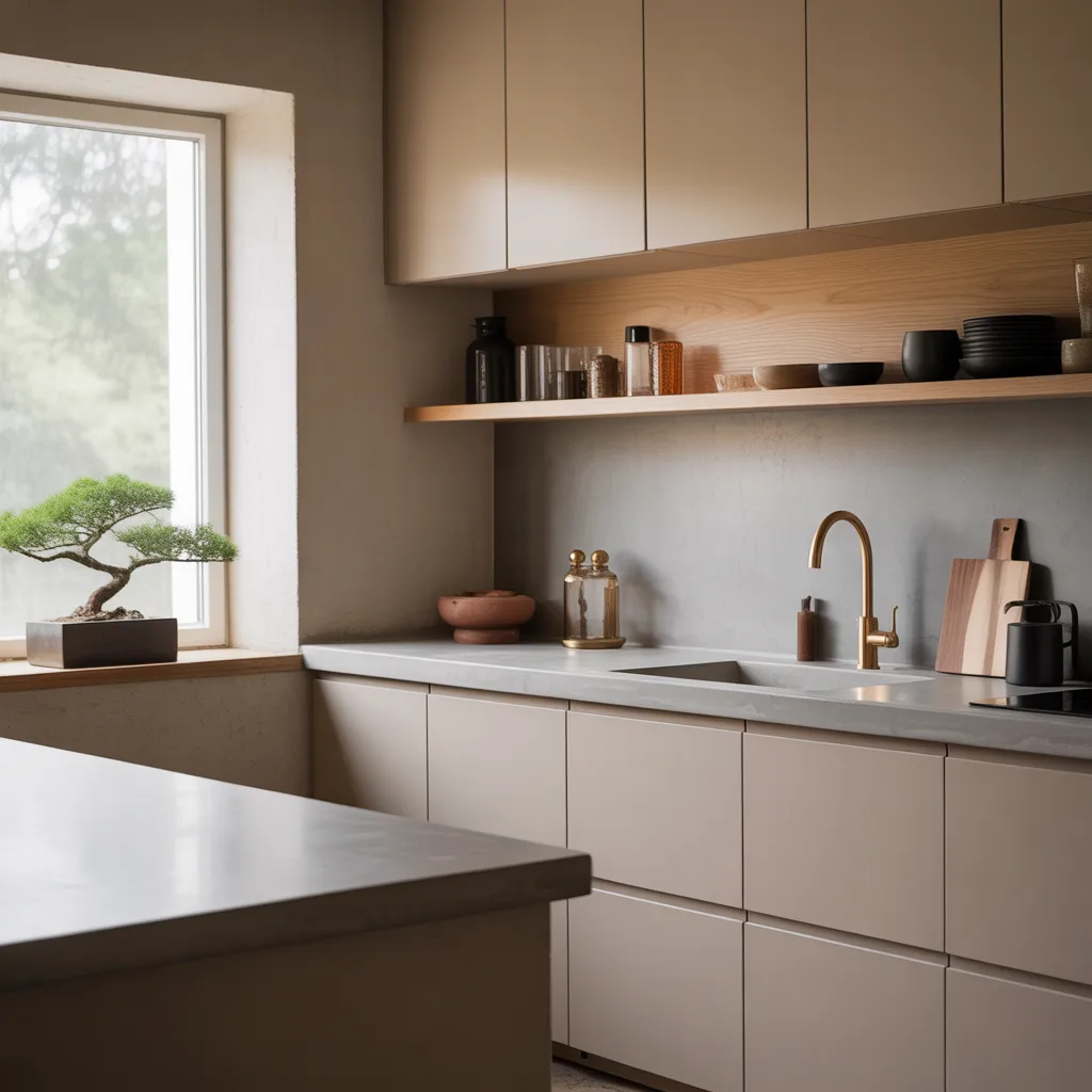 Japandi minimalist kitchen set sand tones concrete countertop