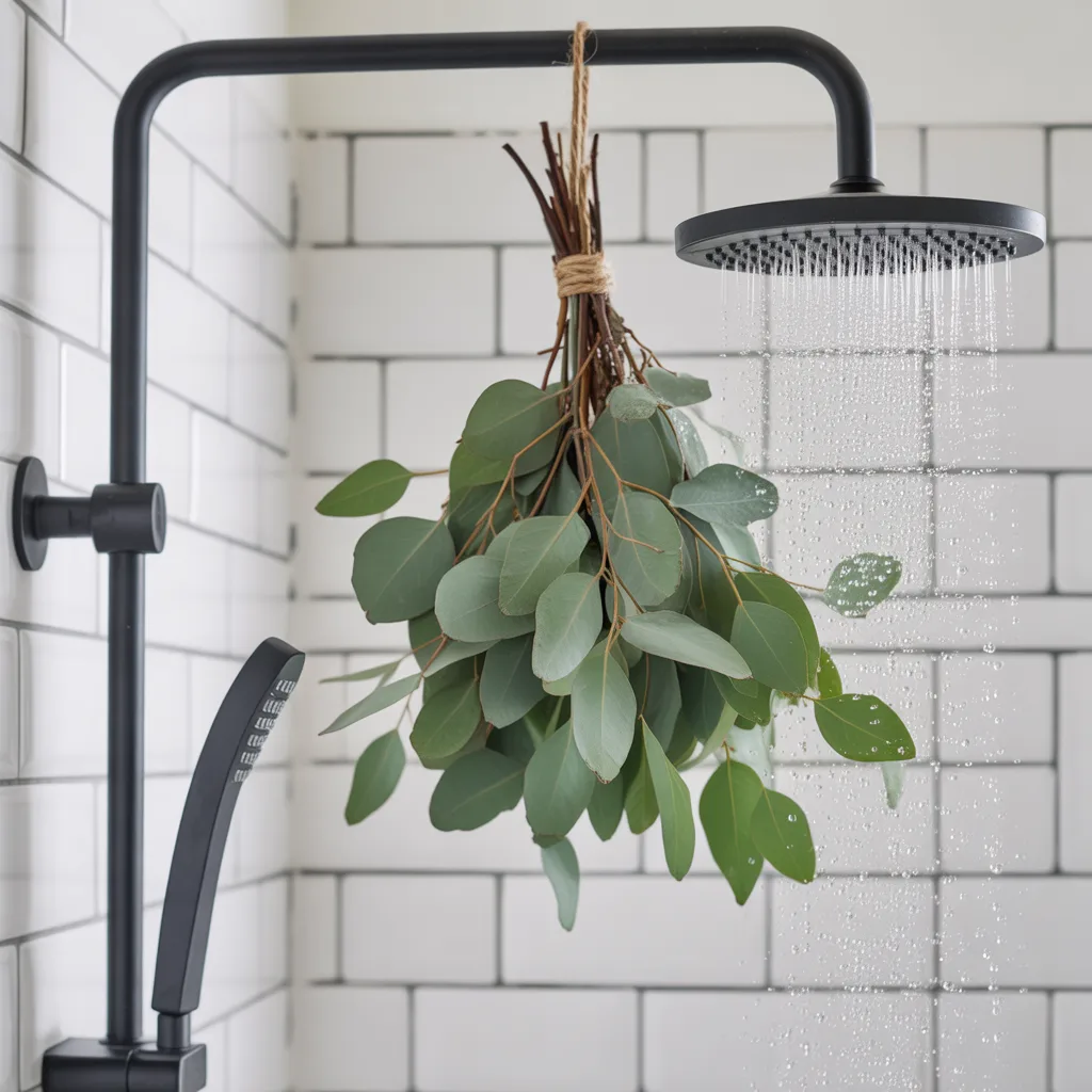 fresh eucalyptus bunch hanging shower head spa bathroom decor
